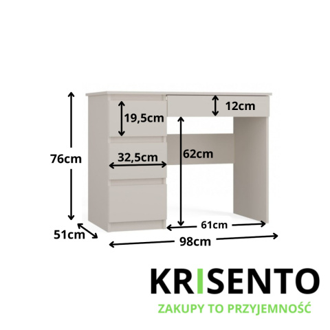Wymiary kaszmirowego biurka lewego BIUR-706-KASZ-L.