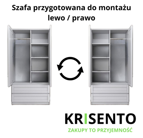 Schemat techniczny szafy SZAF-1010-BIEL-MAT prezentujący opcję montażu drzwi na lewą lub prawą stronę.