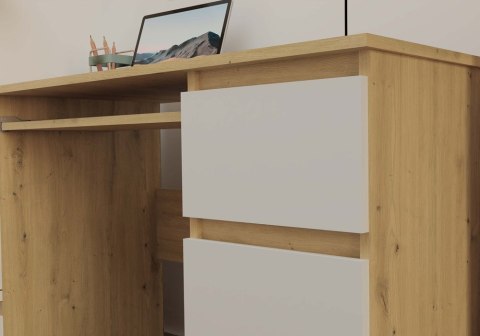 Biurko 130 cm dąb artisan i biały mat BIUR-705-ART-BIEL-MAT w aranżacji wnętrza – zbliżenie frontu szuflady.