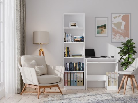 Wizualizacja nowoczesnego gabinetu z produktem: białe matowe biurko pod komputer BIUR-726-BIEL-MAT.
