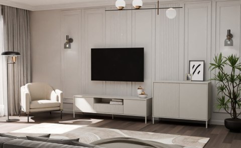 Wizualizacja nowoczesnego, eleganckiego wnętrza z produktem: komoda kaszmirowa z drzwiami KOM-940-KASZ-LAM-GŁ.