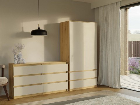 Wizualizacja nowoczesnej sypialni z produktem: duża komoda 140cm KOM-906-ART-KASZ.