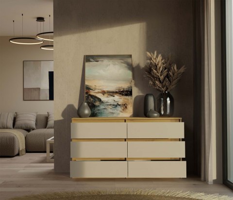 Wizualizacja nowoczesnego salonu z produktem: duża komoda 140cm KOM-906-ART-KASZ.