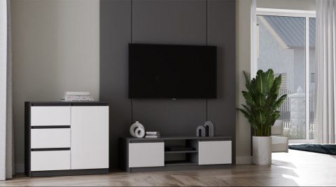 Szafka rtv 120 cm RTV-501-ANT-BIEL-MAT w aranżacji - widok w półprofilu.