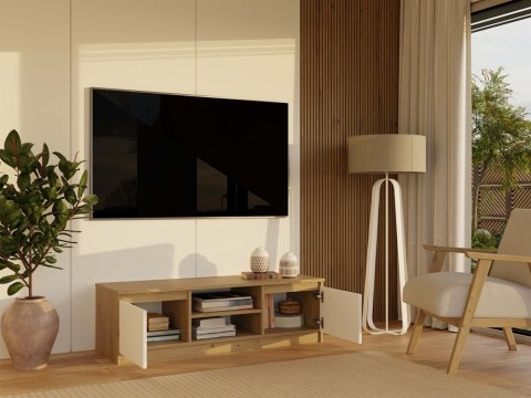 Szafka pod tv 120 cm RTV-501-ART-BIEL-MAT z otwartymi frontami w codziennym użytkowaniu.