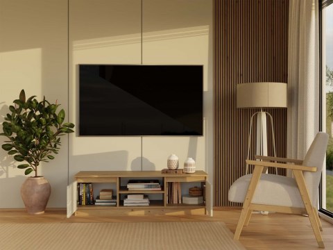 Szafka rtv stojąca 120cm RTV-501-ART-KASZ z otwartymi frontami w codziennym użytkowaniu.