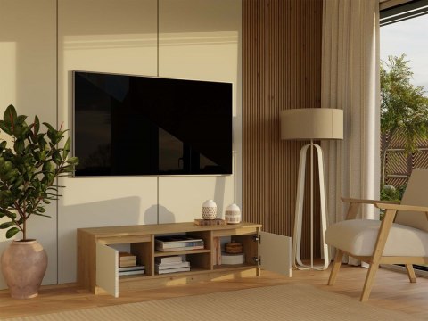 Szafka rtv stojąca 120cm RTV-501-ART-KASZ z otwartymi frontami oraz zagospodarowaną przestrzenią.