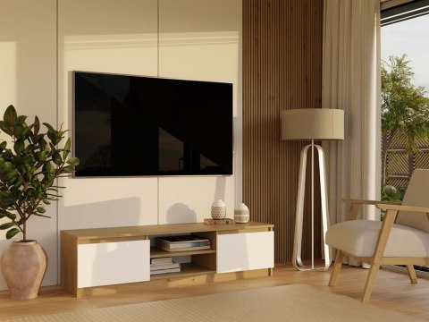 Wizualizacja salonu z produktem: zamknięta niska komoda pod telewizor 140cm RTV-502-ART-BIEL-MAT.