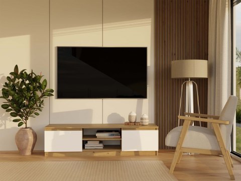 Niska komoda pod telewizor 140cm RTV-502-ART-BIEL-MAT w aranżacji - widok z frontu.