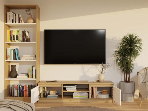 Otwarta niska komoda pod telewizor 140cm RTV-502-ART-BIEL-MAT w aranżacji wnętrza - widok od przodu z zaaranżowanymi półkami.