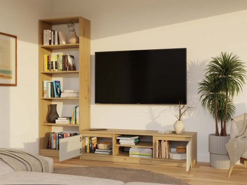 Szafka na tv 140cm RTV-502-ART-KASZ w aranżacji - widok otwartej zagospodarowanej szafki.