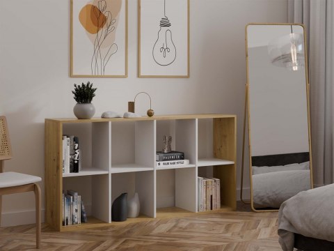 Nowoczesne wnętrze przedstawiające niski regał RE-1409-ART-BIEL-MAT w półprofilu.