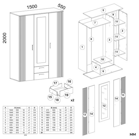 Rysunek techniczny przedstawiający wymiary szafy 150 cm SZAF-1019-KASZ-EVO.