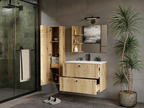 Szafka pod umywalkę 80 wisząca LAZ-1325-EVO-80CM z otwartymi szufladami w użytkowaniu.