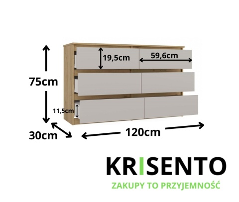 Wymiary komody do sypialni z szufladami KOM-904-ART-KASZ.