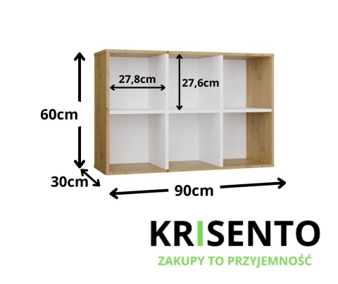 Wymiary niskiego regału z półkami RE-1408-MINI-ART-BIEL-MAT.