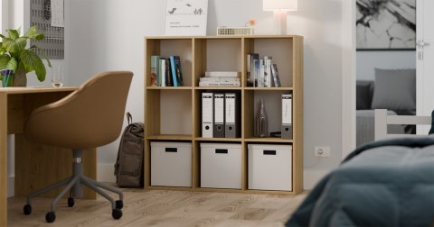 Wizualizacja salonu, biura lub pokoju dziecka z produktem: regał komorowy 3x3 RE-1443-ART.
