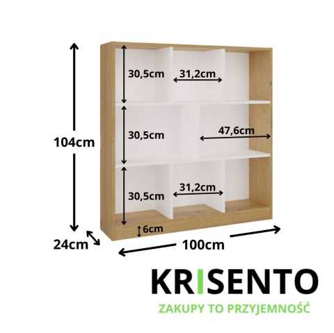 Wymiary regału otwartego z półkami RE-1442-ART-BIEL-MAT.