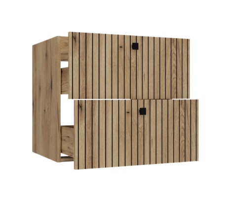 Otwarta szafka pod umywalkę wisząca 60 LAZ-1325-EVO-60CM - ujęcie półprofilowe z otwartymi szufladami.