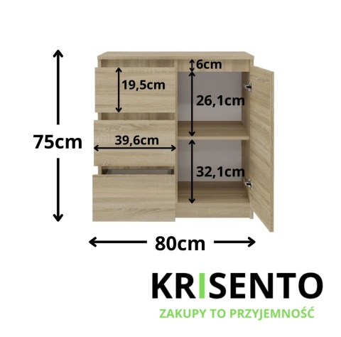 Wymiary komody dąb sonoma 80 cm KOM-910-SON.