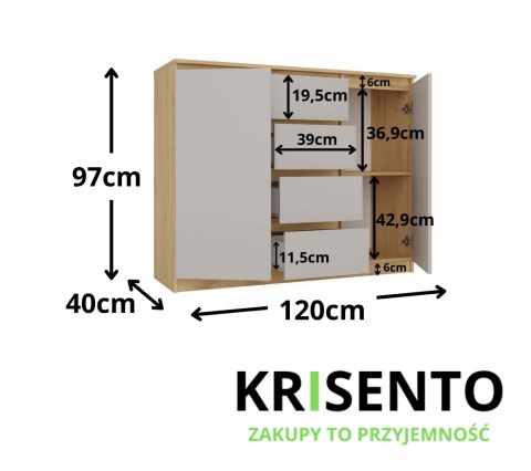Wymiary komody z półkami i szufladami 120cm KOM-913-ART-KASZ.
