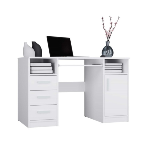 Zamknięte biurko białe 120 cm BIUR-733-BIEL-MAT widoczne w półprofilu.