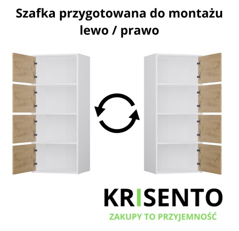 Schemat montażu szafki w komodzie KOM-935-BIEL-MAT-ART z opcją montażu i otwierania drzwi na lewą lub prawą stronę.