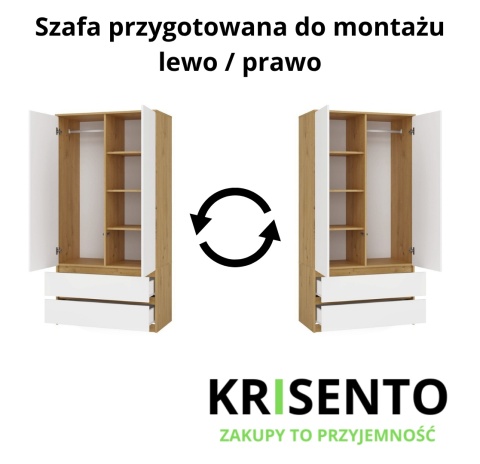 Schemat montażu szafy SZAF-1008-ART-BIEL-MAT z opcją montażu i otwierania drzwi na lewą lub prawą stronę.