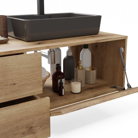 Szafka pod umywalkę 140 LAZ-1325-EVO-140CM  zbliżenie zagospodarowanej otwartej przestrzeni.