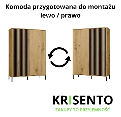 Schemat montażu wysokiej komody KOM-937-ART-LAM-GŁ z opcją montażu drzwi na lewą lub prawą stronę.