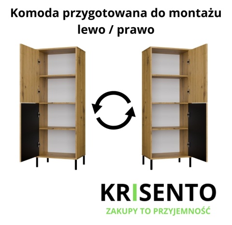 Schemat montażu wysokiej komody na ubrania KOM-938-ART-LAM-GŁ z opcją montażu drzwi na lewą lub prawą stronę.