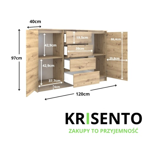 Wymiary komody z szafkami i szufladami dąb artisan KOM-913-ART.