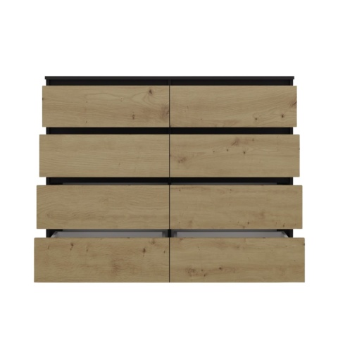 Komoda 120 cm szerokości antracyt dąb artisan KOM-907-ANT-ART – widok z przodu na otwarte fronty.