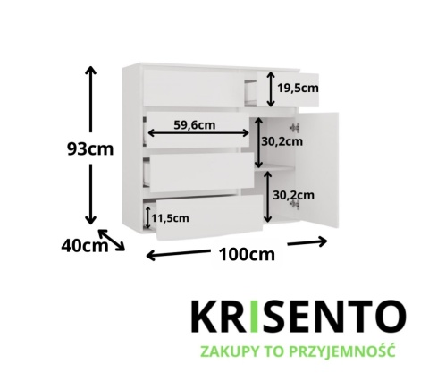 Wymiary białej komody 100 cm KOM-932-BIEL-MAT.