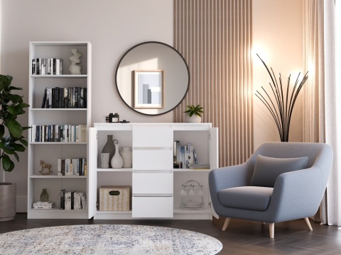 Komoda KOM-913-BIEL-MAT z otwartymi drzwiczkami w codziennym użytkowaniu – perfekcyjna organizacja dodatków.