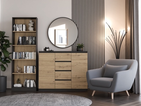 Wizualizacja salonu w stylu loft z produktem: komoda z szufladami i drzwiczkami antracyt dąb artisan KOM-913-ANT-ART.