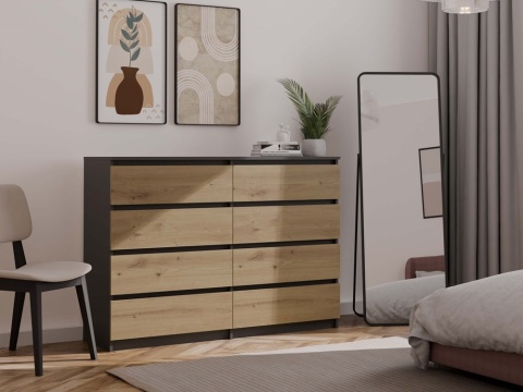 Komoda KOM-908-ANT-ART jako centralny punkt sypialni w kolorystyce antracytu i drewna.