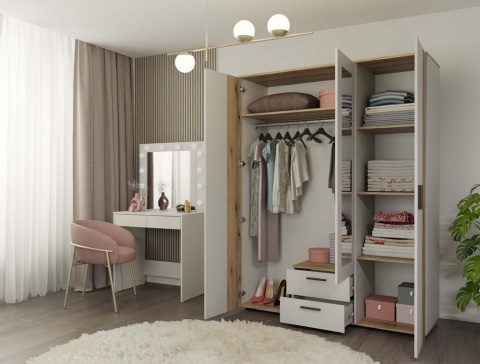 Szafa 150 cm SZAF-1019-KASZ-EVO w półprofilu - prezentacja mebla w aranżacji garderoby.