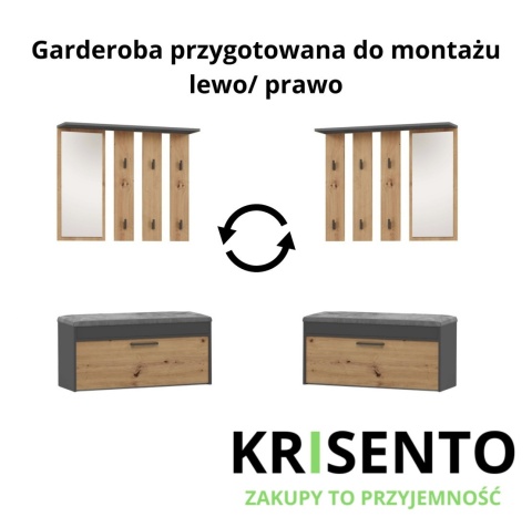 Schemat prezentujący układ zestawu do przedpokoju GAR-106-ANT-ART z opcją montażu paneli z wieszakami na lewą lub prawą stronę.