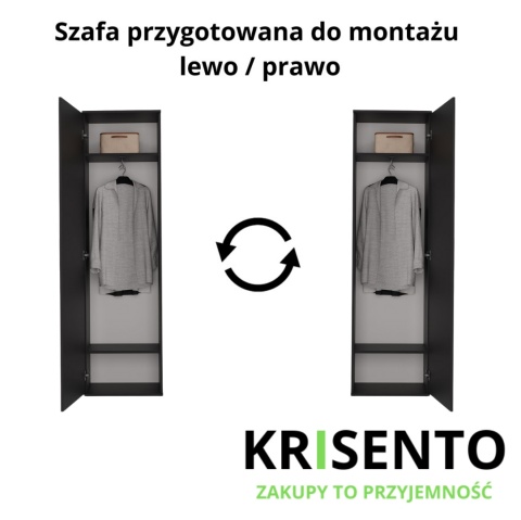 Schemat techniczny szafy SZAF-1003-CZERN-MAT prezentujący możliwość montażu drzwiczek na lewą lub prawą stronę.