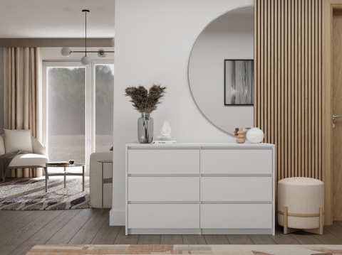 Wizualizacja nowoczesnego korytarza z wysoką białą komodą KOM-917-BIEL-MAT ustawioną w przedpokoju.