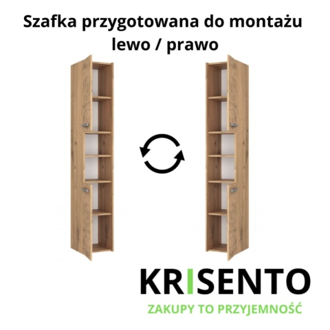 Schemat techniczny szafki LAZ-1309-ART prezentujący możliwość montażu drzwiczek na lewą lub prawą stronę.