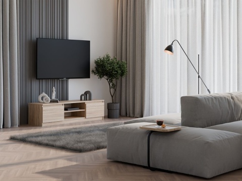 Szafka pod rtv dąb sonoma 140 cm RTV-502-SON w aranżacji salonu – widok boczny z zielonymi roślinami obok.