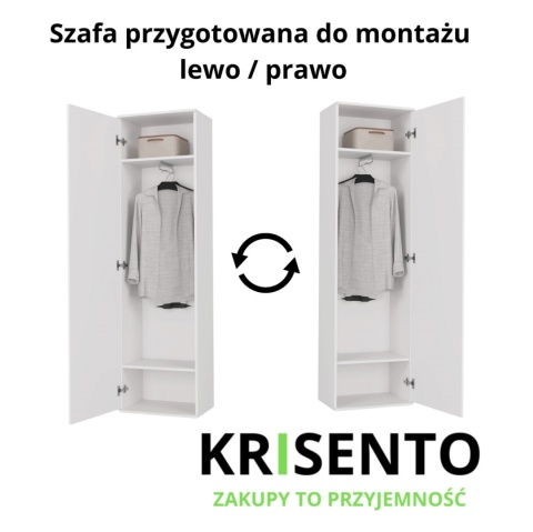 Schemat techniczny szafy SZAF-1003-BIEL-MAT prezentujący możliwość montażu drzwiczek na lewą lub prawą stronę.