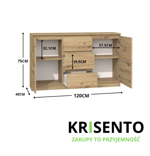 Wymiary komody KOM-912-ART z szafkami i szufladami.