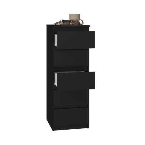 Komoda KOM-909-CZERN-MAT w głębokiej czerni widoczna w półprofilu z uchylonymi szufladami.