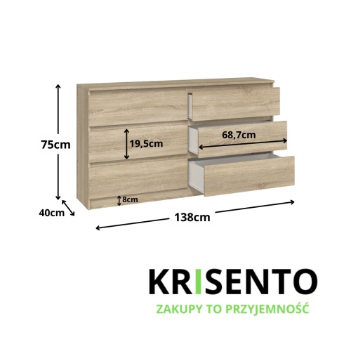 Wymiary komody KOM-906-SON z szufladami.