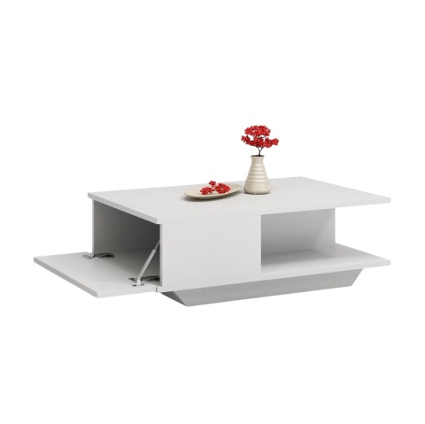 Otwarty stolik STOL-807-BIEL w śnieżnej bieli widoczny w eleganckim półprofilu z otwartym schowkiem.