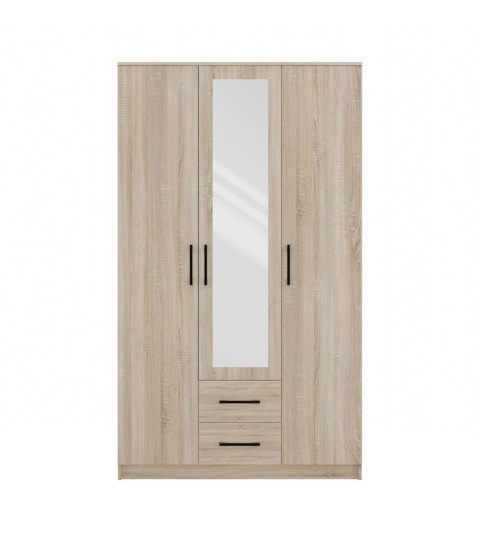 Szafa 3-drzwiowa z lustrem 120 cm dąb sonoma SZAF-1005-L-SON – widok z przodu na fronty i duże lustro.