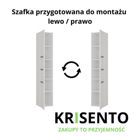 Schemat techniczny szafki LAZ-1310-BIEL-MAT prezentujący możliwość montażu drzwiczek na lewą lub prawą stronę.
